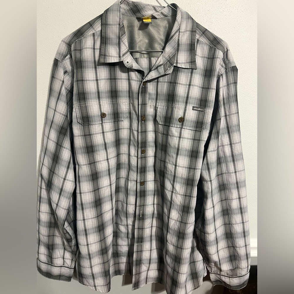 Eddie Bauer Travex Shirt Mens Large Plaid Getaway‎ Flex Button Up Wicking